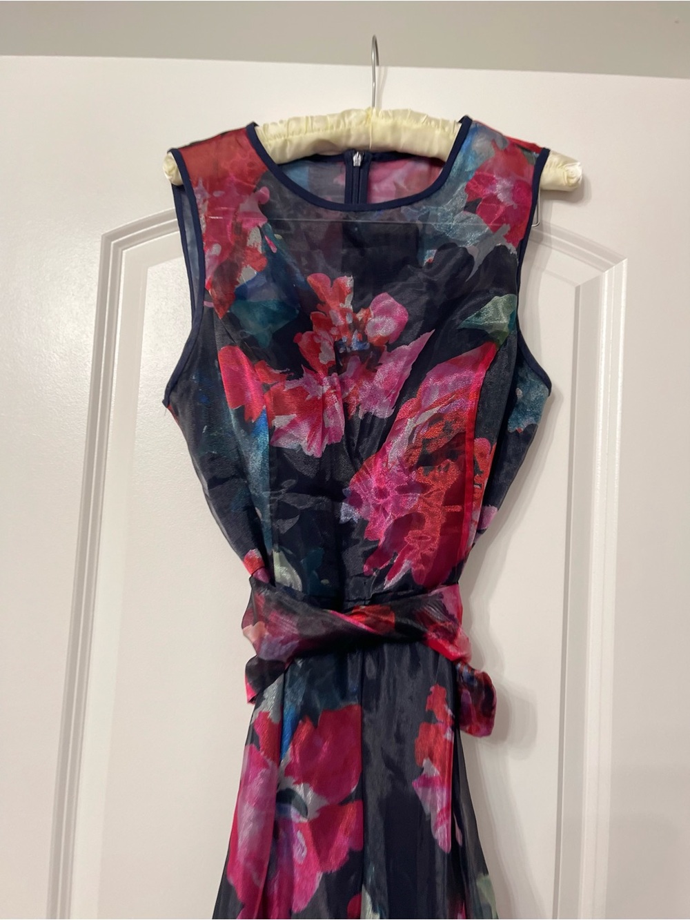Eliza J. Floral Blue and Red Organza Wide Leg Jumpsuit Size 14 Quiet Luxury Y2k - Picture 7 of 15